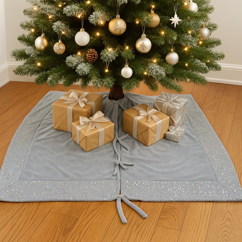 Luxury Berkshire Blanket Square Christmas Tree Skirt Gray Silver Sequin 52”x52”